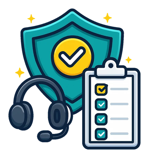Broker advocacy icon showing a support headset, insurance shield and claims checklist representing broker communication with insurers.