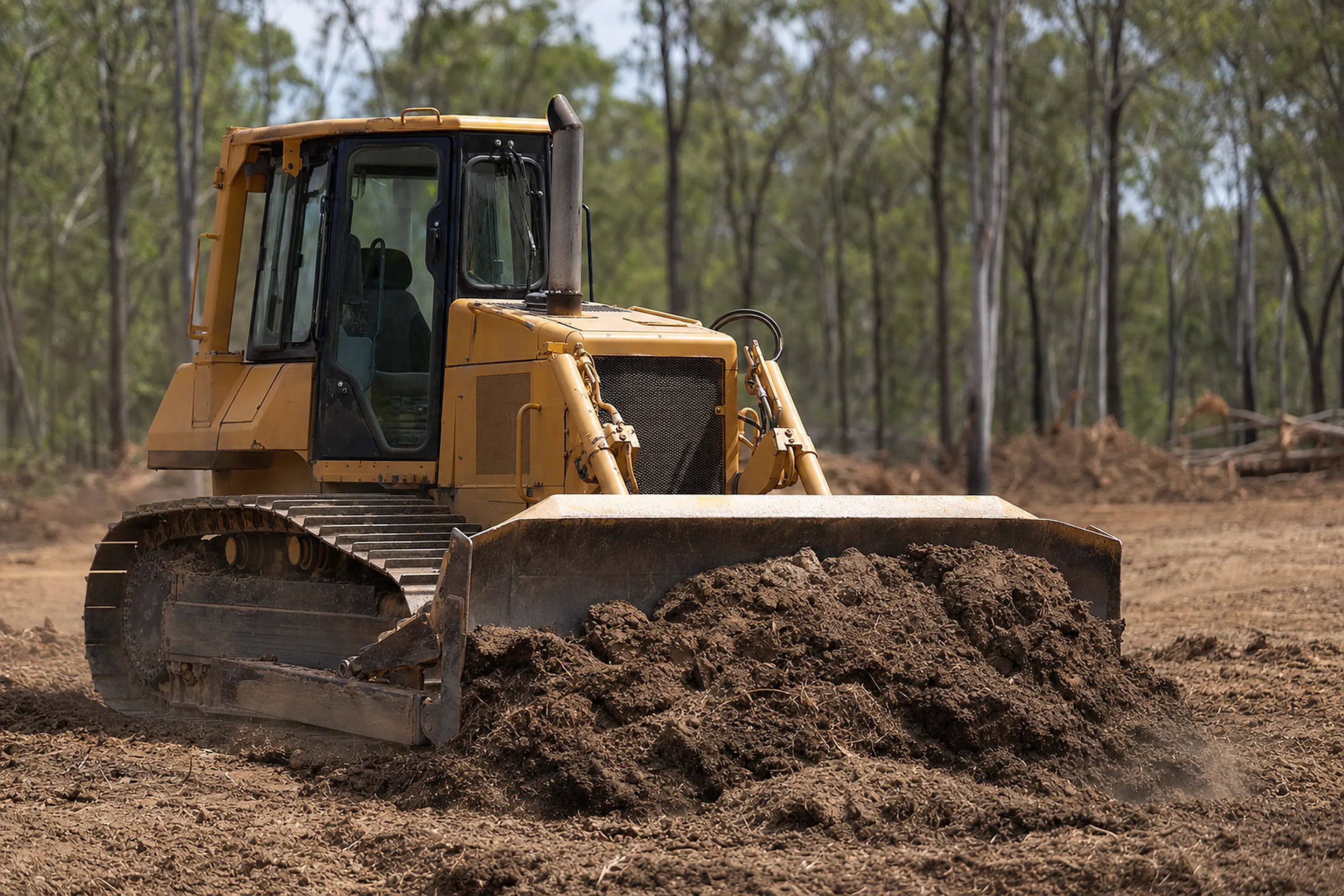 Crawler bulldozer pushing soil on an Australian land-clearing site