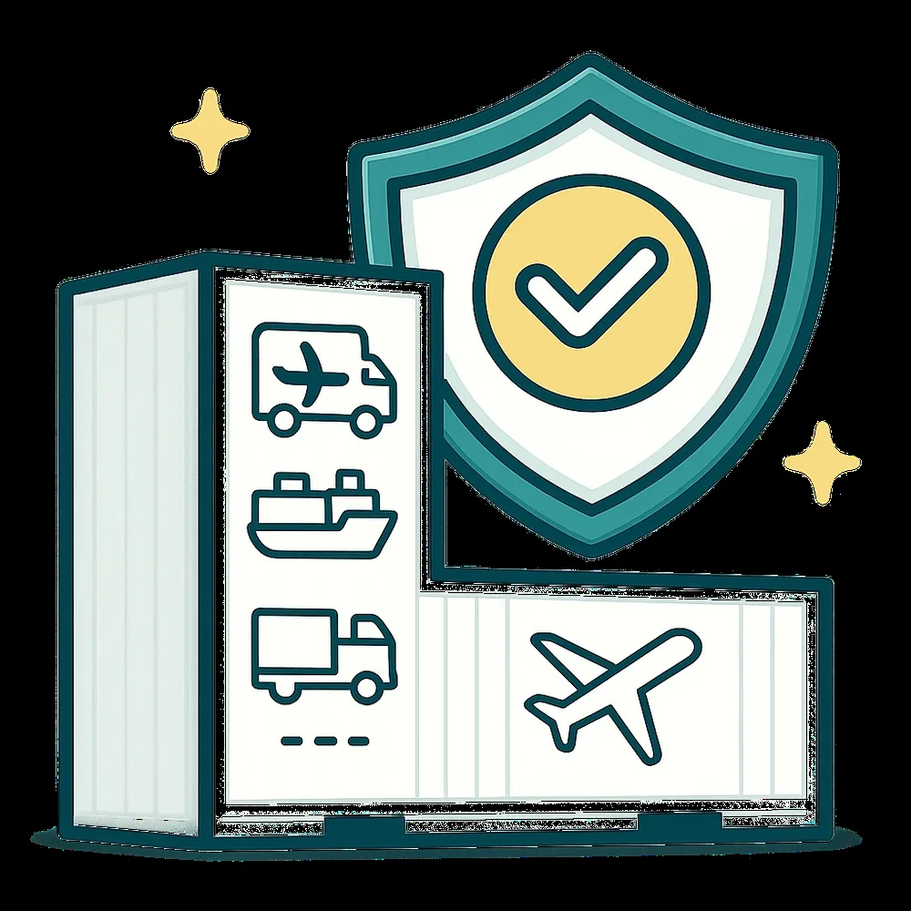 Illustration of a truck, cargo ship and aeroplane with an insurance shield representing road, rail, sea and air freight cover