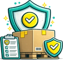 Cargo insurance icon showing a secured freight box on a pallet with shield protection and checklist, representing coverage for goods in transit.