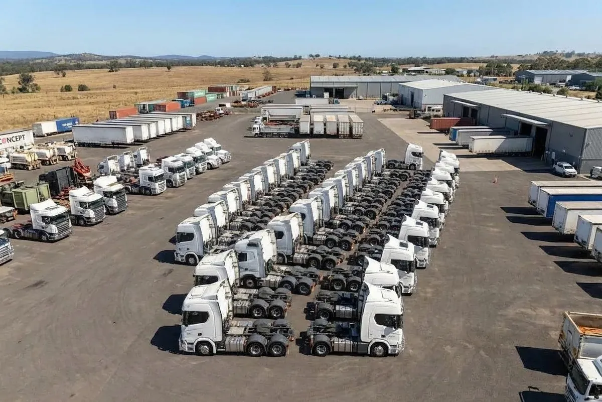 Trucks parked at an Australian fleet depot at the end of the day