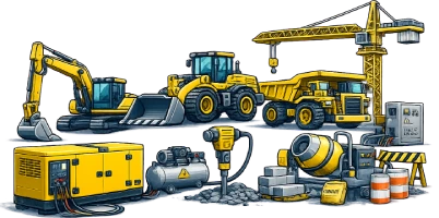 Construction machinery icon showing generator, tower crane, excavator and site equipment used on construction and civil works projects in Australia.