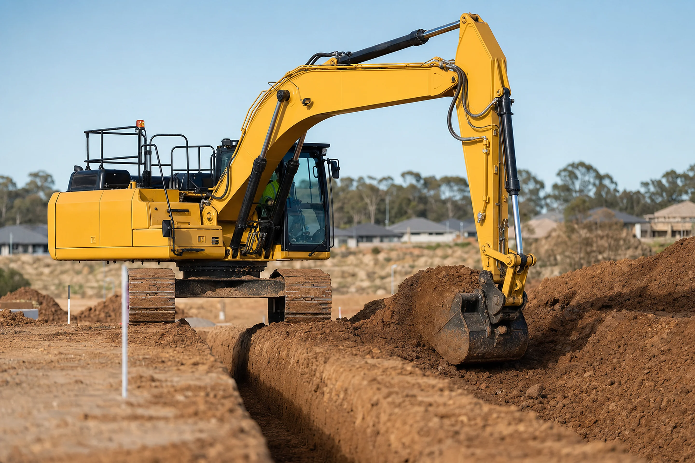 Hydraulic excavator digging a trench on an Australian civil construction site