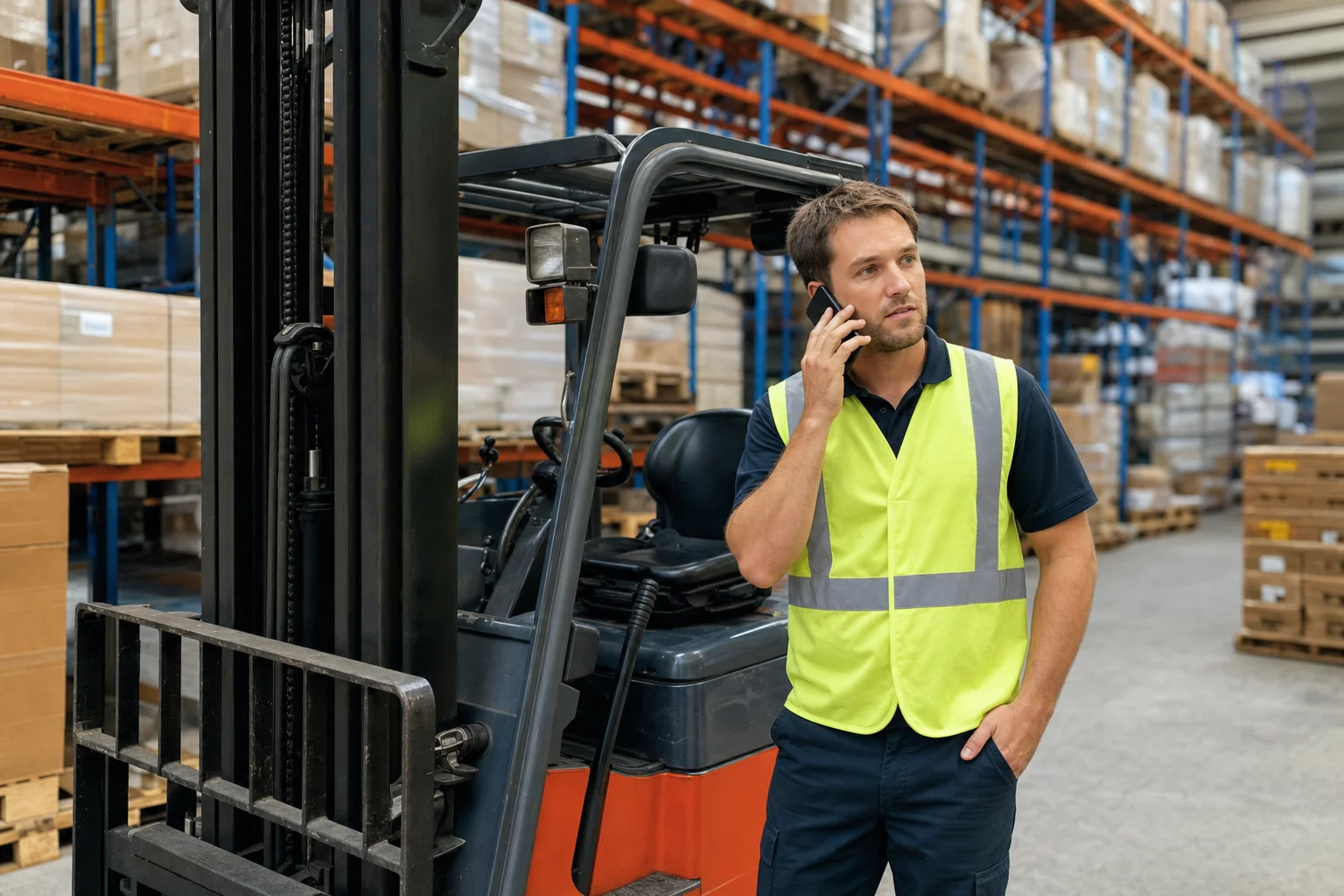 Warehouse operator on the phone to their insurance broker beside a counterbalance forklift in an Australian warehouse