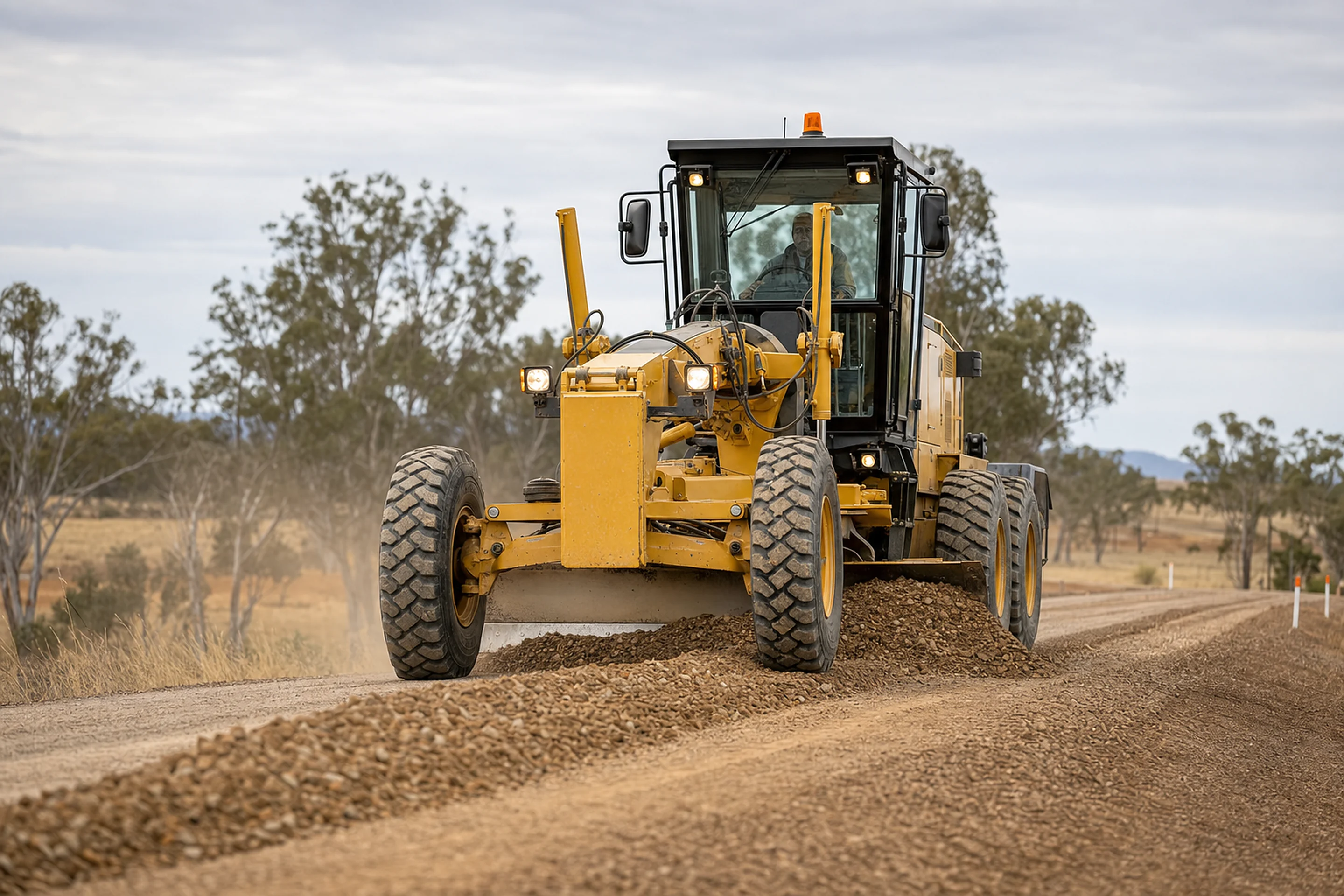 Motor grader levelling a gravel road on an Australian rural roadworks site