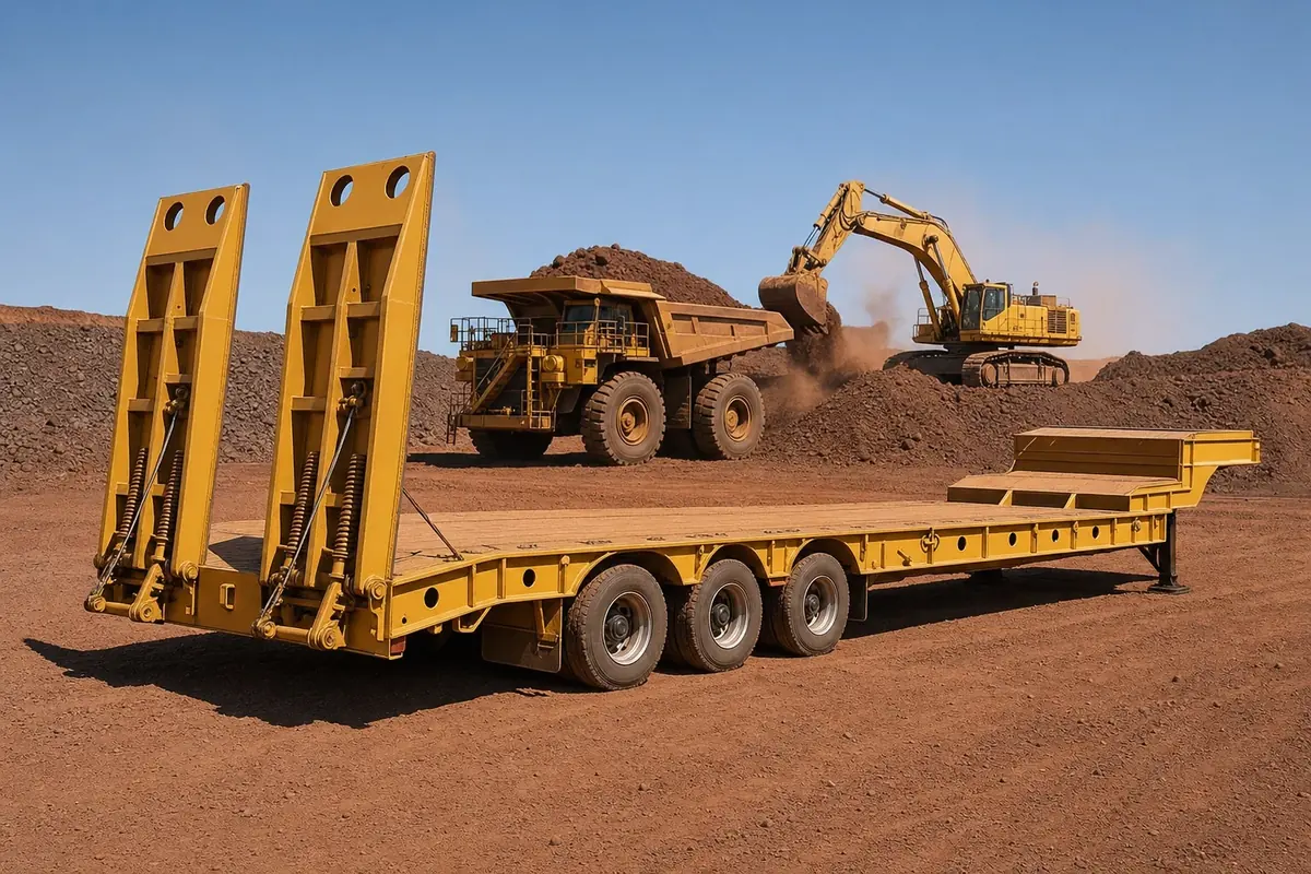 Heavy haulage drop-deck float trailer parked in an Australian mining yard with a haul truck and excavator working behind it