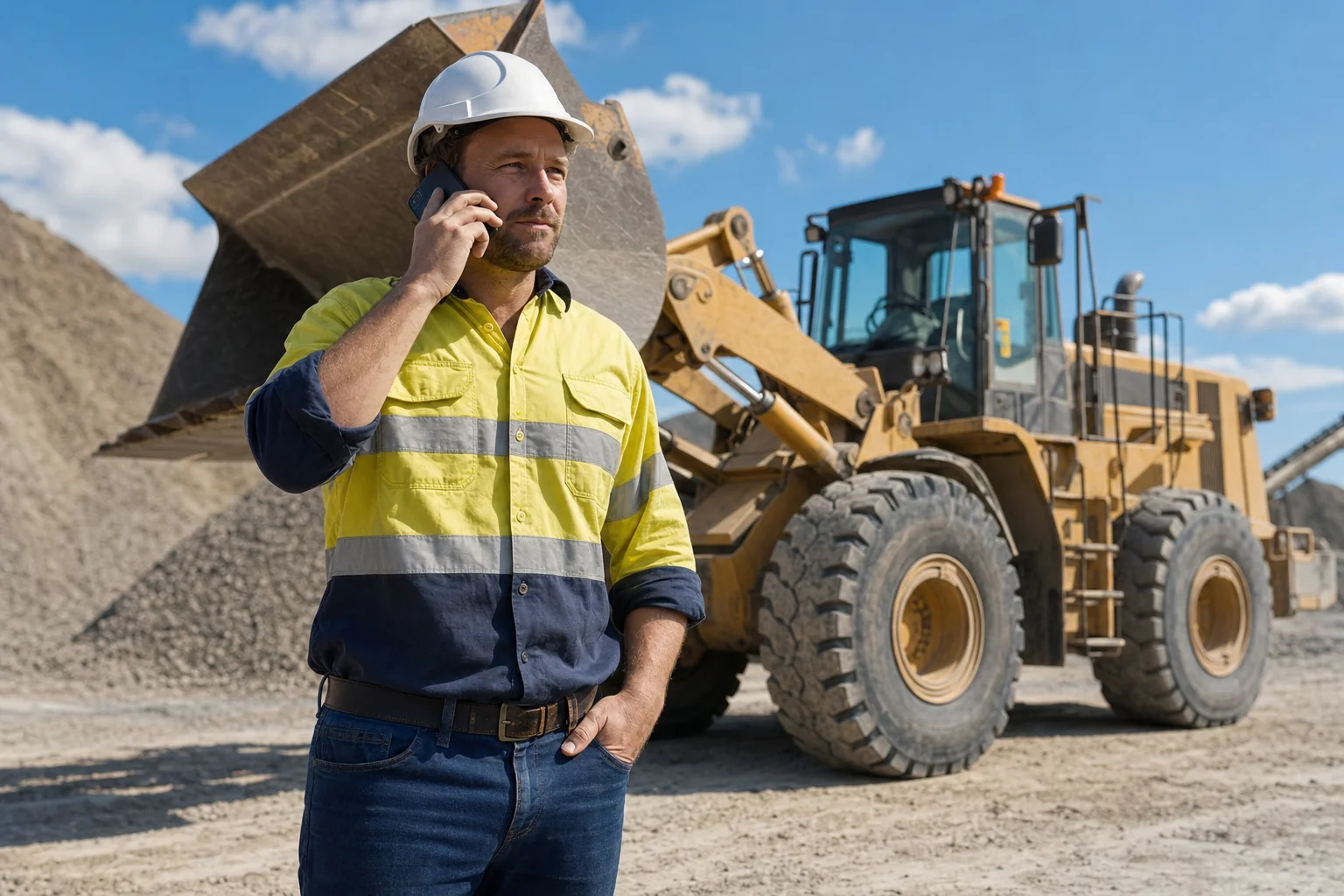 Operator on the phone to their insurance broker beside a wheel loader at an Australian quarry