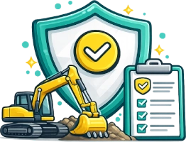 Plant and equipment insurance icon showing an excavator with shield protection representing cover for excavators, loaders, graders and mobile plant in Australia.