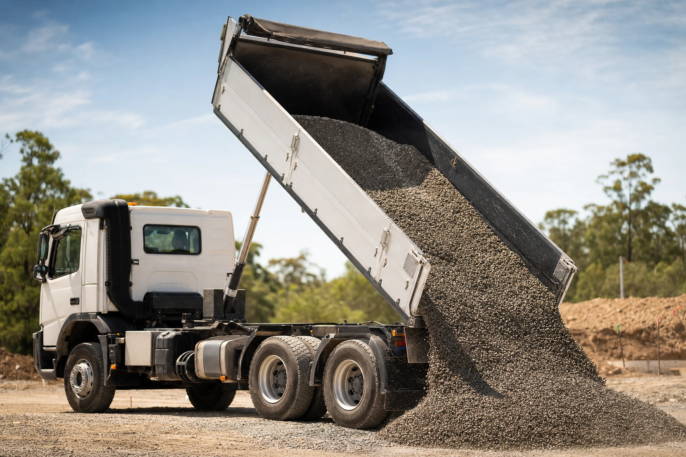 Australian tipper truck dumping a load of gravel at a construction site