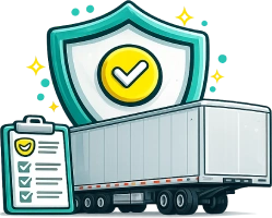 Trailer insurance icon showing a semi-trailer with shield protection symbol and checklist, representing coverage for transport trailers.