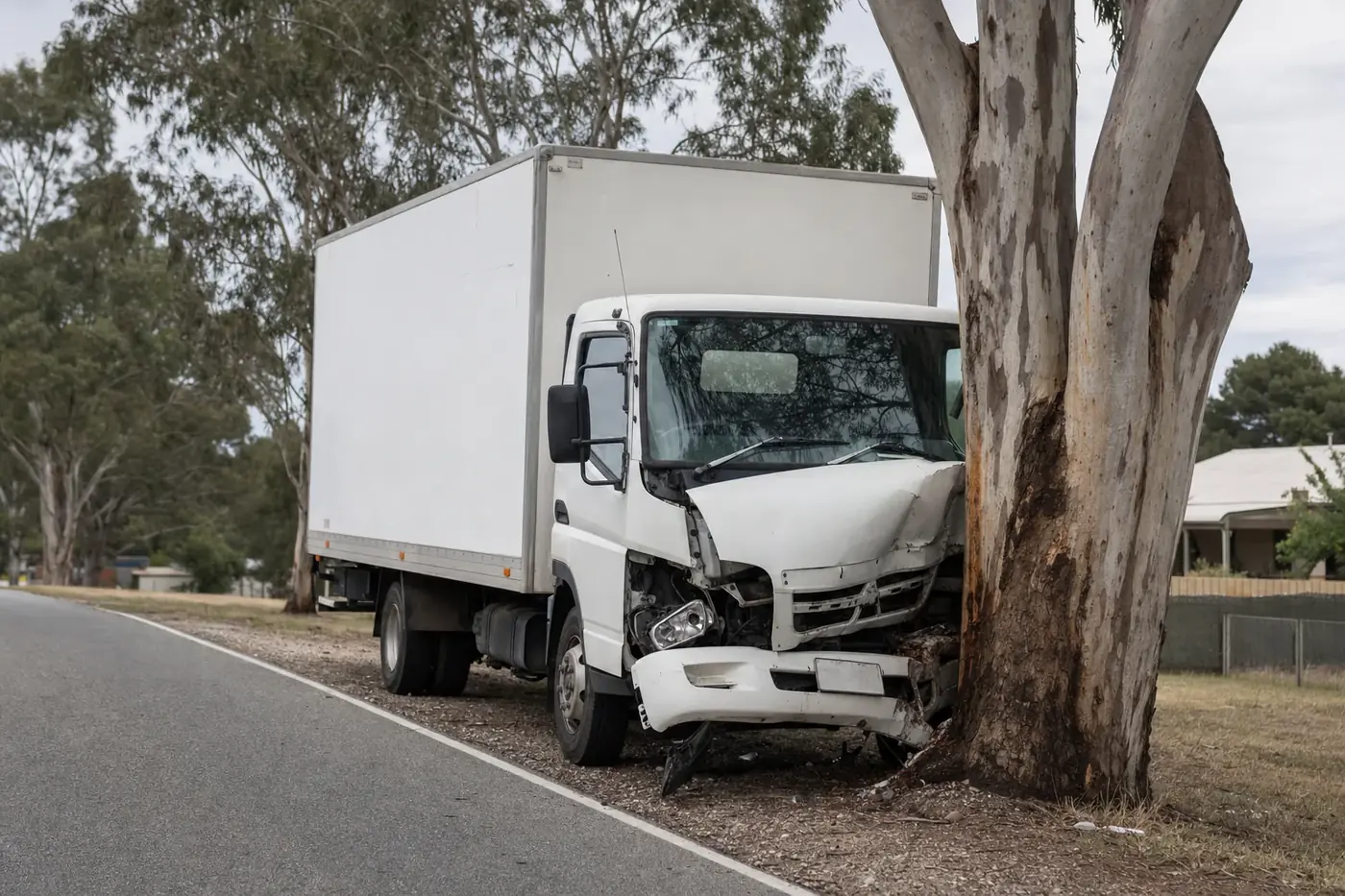 White rigid delivery truck with front-end damage after clipping a gum tree on an Australian roadside