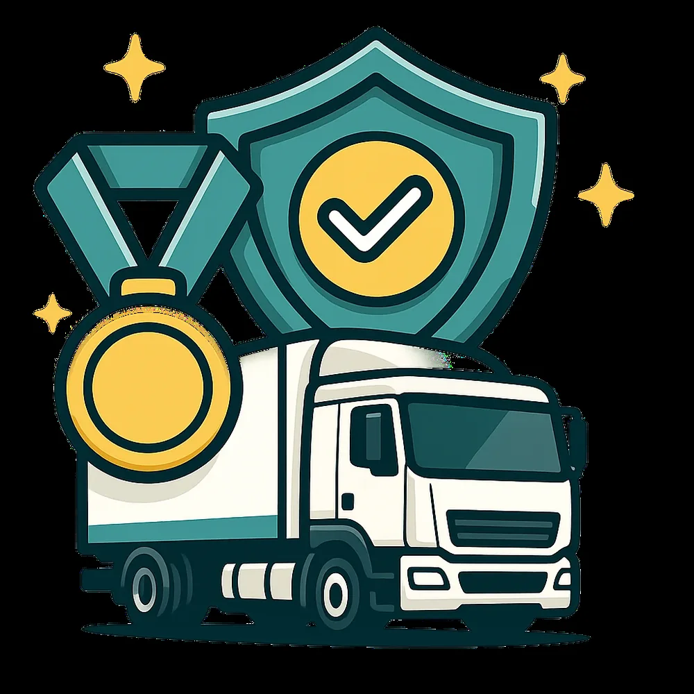 Illustration of an award medal beside a transport truck with an insurance shield representing years of specialist broking experience