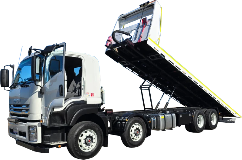 White tilt-tray truck representing heavy transport and tilt-tray cover