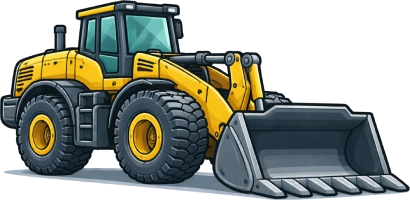 Wheel loader icon representing earthmoving machinery used for loading soil, gravel and construction materials in Australia.
