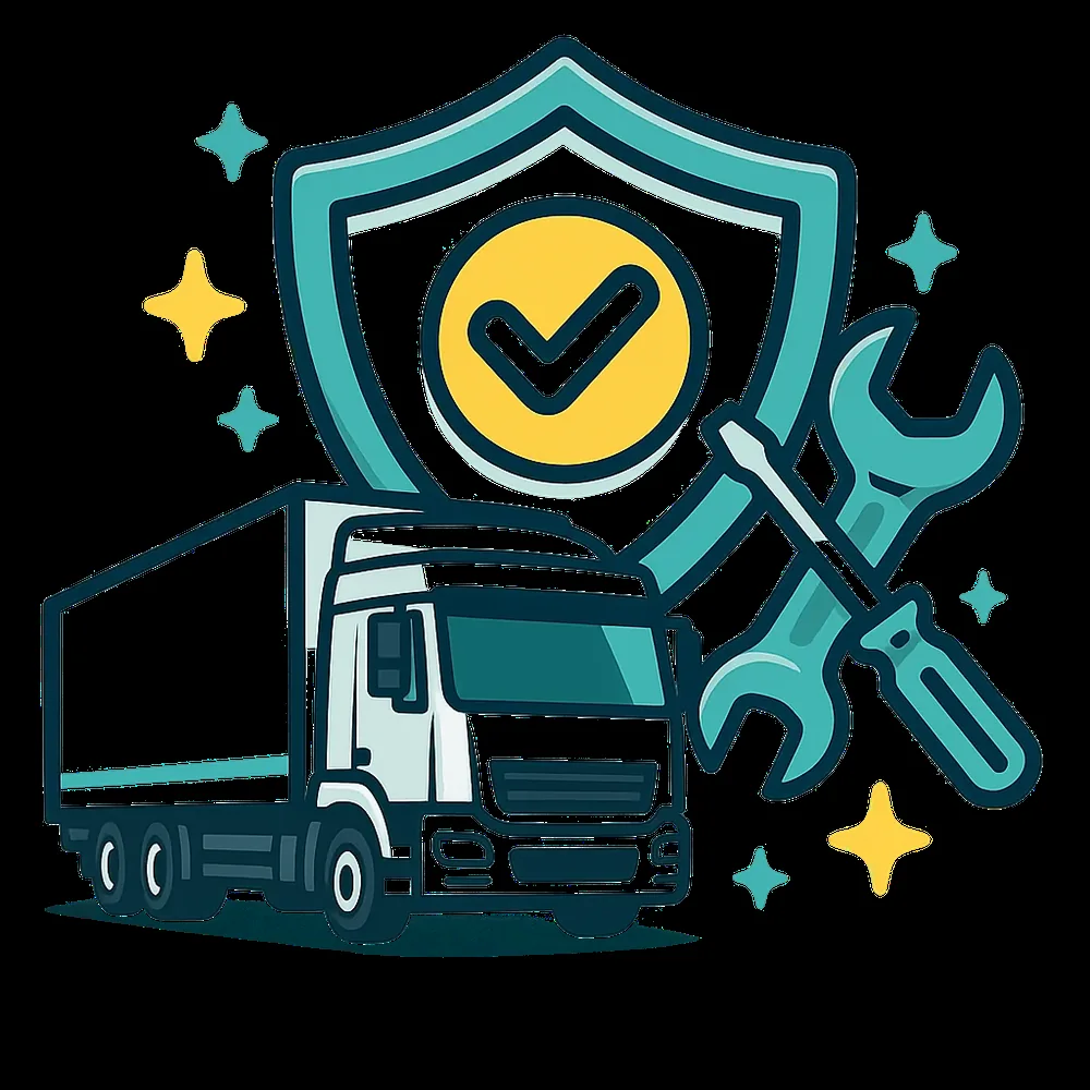 Teal shield with a truck and maintenance tools representing a prevention-focused approach