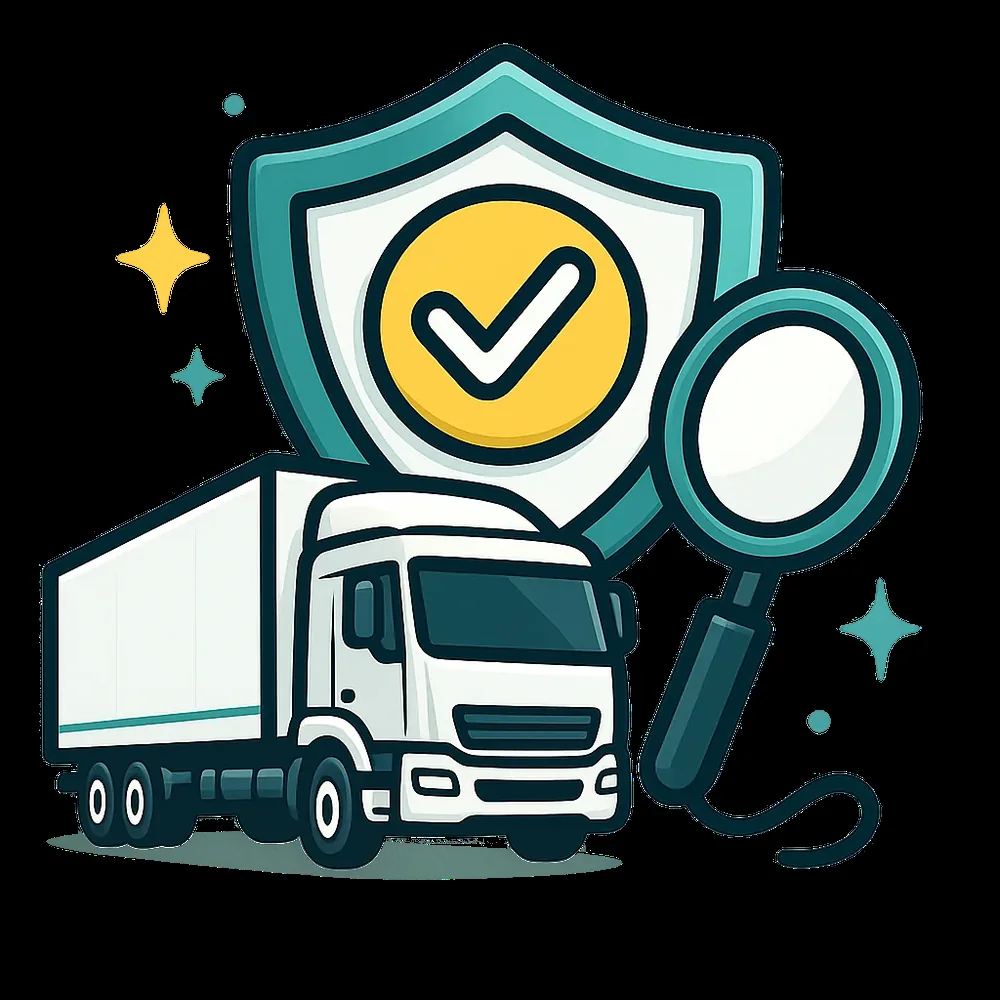 Shield with a magnifying glass representing freight risk review